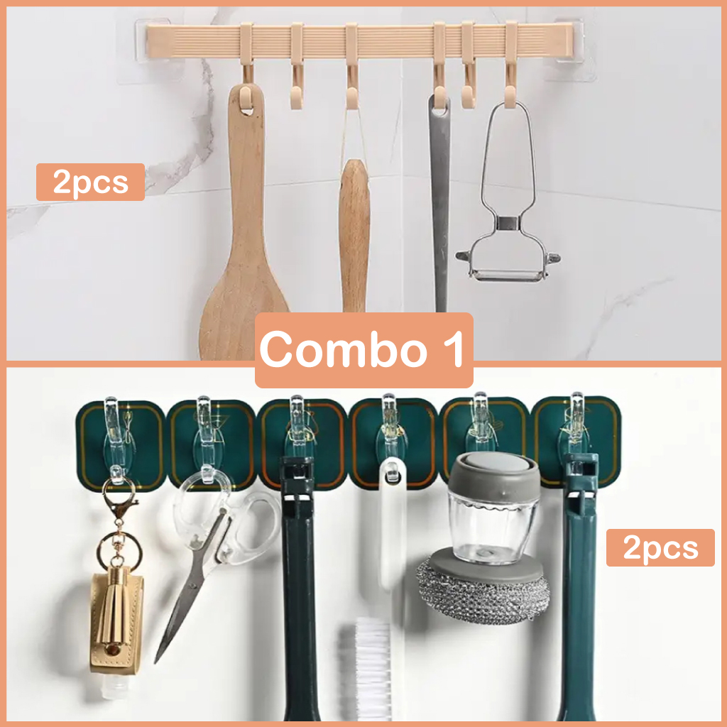 [Combo 1] Luxury 6 in 1 kitchen storage hook bathroom drill-free towel rack acrylic adhesive strong hook + (2Sets) Best Quality 6 in 1 Strong adhesive hooks kitchen wall hanging 6-row hooks