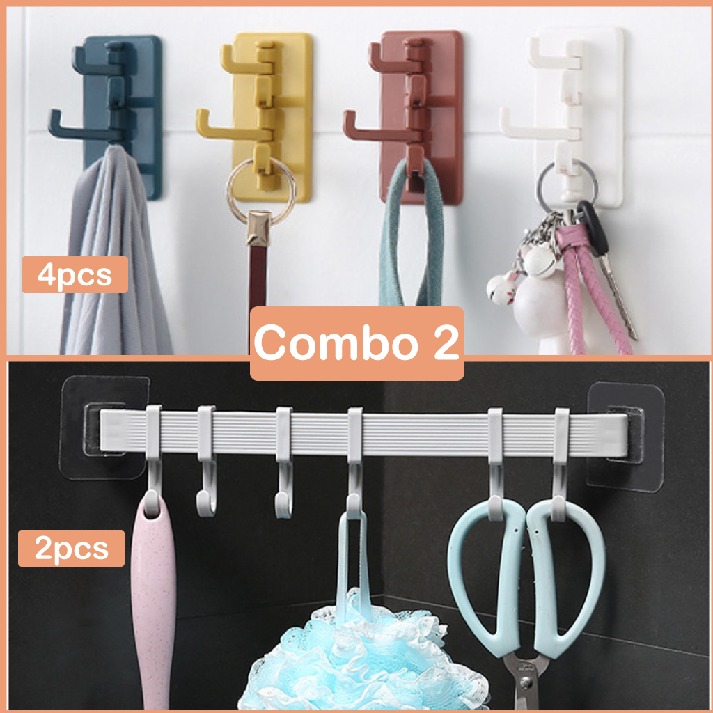 [Combo 2] (2Sets) Best Quality 6 in 1 Strong adhesive hooks kitchen wall hanging 6-row hooks+[4 Sets] Creative 4 in 1 wall hanging sticky hook hangers