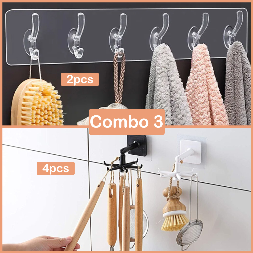 [Combo 3] (2Sets) Luxury 6 in 1 kitchen storage hook bathroom drill-free towel rack acrylic adhesive strong hook+ 4 sets Rotating Folding Hook 360 degree Cabinet Hooks Self-Adhesive 180 degree Vertical Flip Hook for Home Kitchen Bathroom