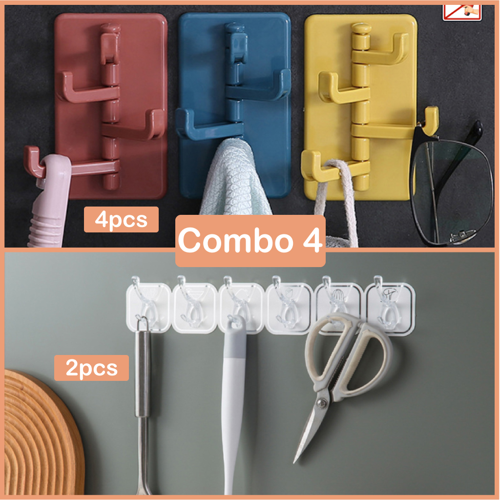 [Combo 4] (4pcs) Creative 4 in 1 wall hanging sticky hook hangers + (2pcs) Luxury 6 in 1 kitchen storage hook bathroom drill-free towel rack acrylic adhesive strong hook