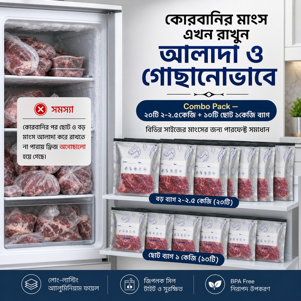 [Combo] ৩০ পিস অ্যালুমিনিয়াম ফয়েল জিপলক ব্যাগ (২-২.৫ কেজি-২০টি,১কেজি-১০টি)