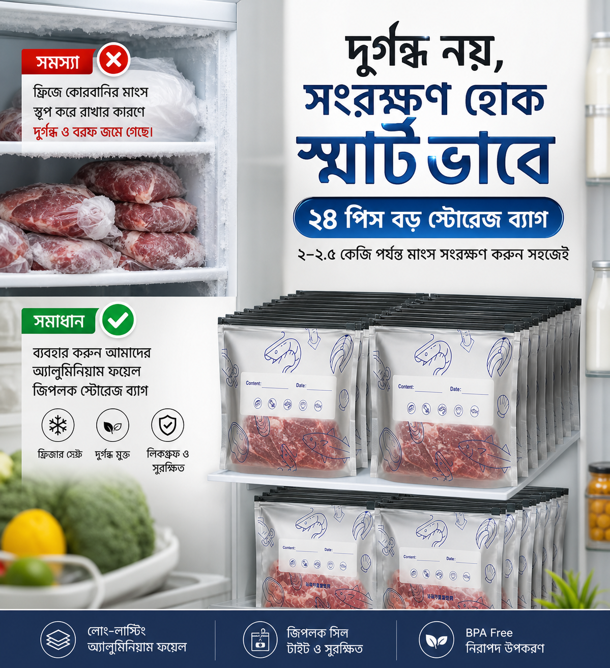 ২৪ পিস অ্যালুমিনিয়াম ফয়েল জিপলক ব্যাগ (২-২.৫ কেজি সংরক্ষণের জন্য)