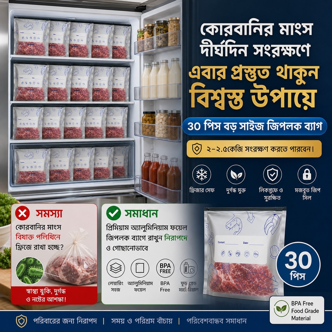 ৩০ পিস অ্যালুমিনিয়াম ফয়েল জিপলক ব্যাগ (২-২.৫ কেজি সংরক্ষণের জন্য)