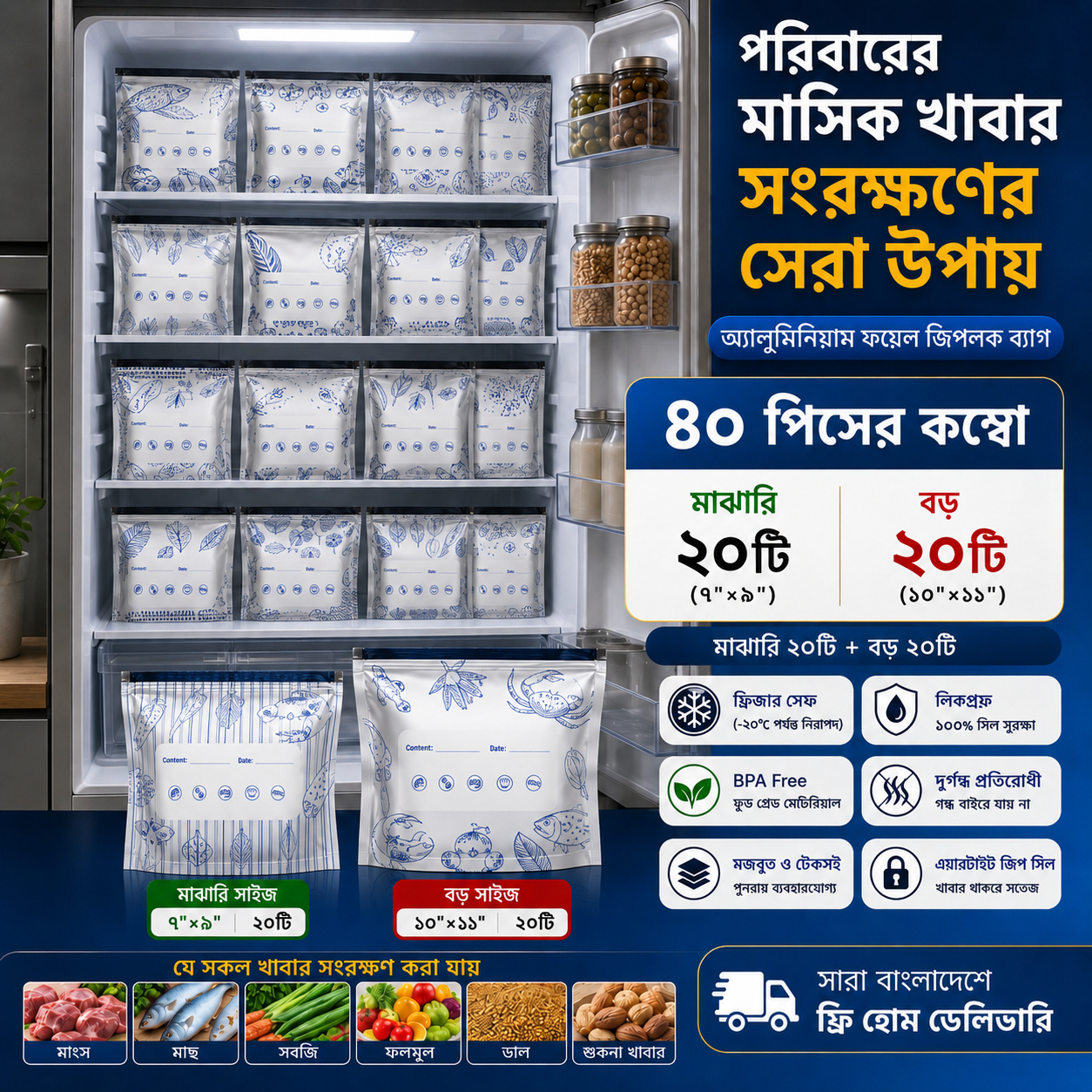 ৪০ পিস অ্যালুমিনিয়াম ফয়েল জিপলক ব্যাগ (মিডিয়াম-লং সাইজ ২০টি করে)