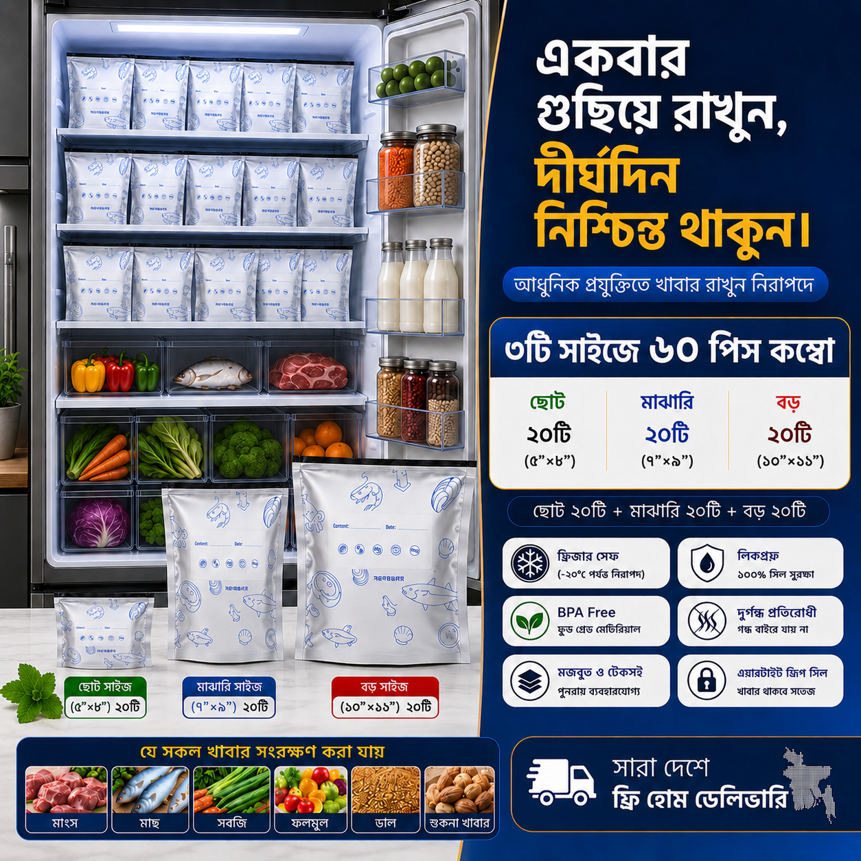[Combo] ৬০পিস অ্যালুমিনিয়াম ফয়েল জিপলক ব্যাগ  (৩ সাইজের ২০টি করে)