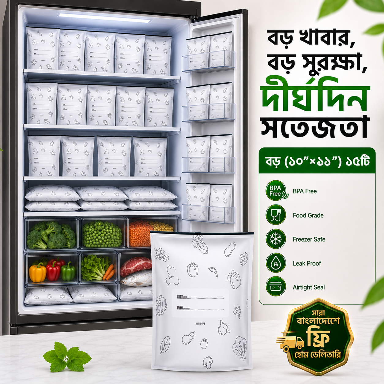 ১৫ পিস বড় সাইজ অ্যালুমিনিয়াম ফয়েল জিপলক ব্যাগ  (১১"×১০" ইঞ্চি)