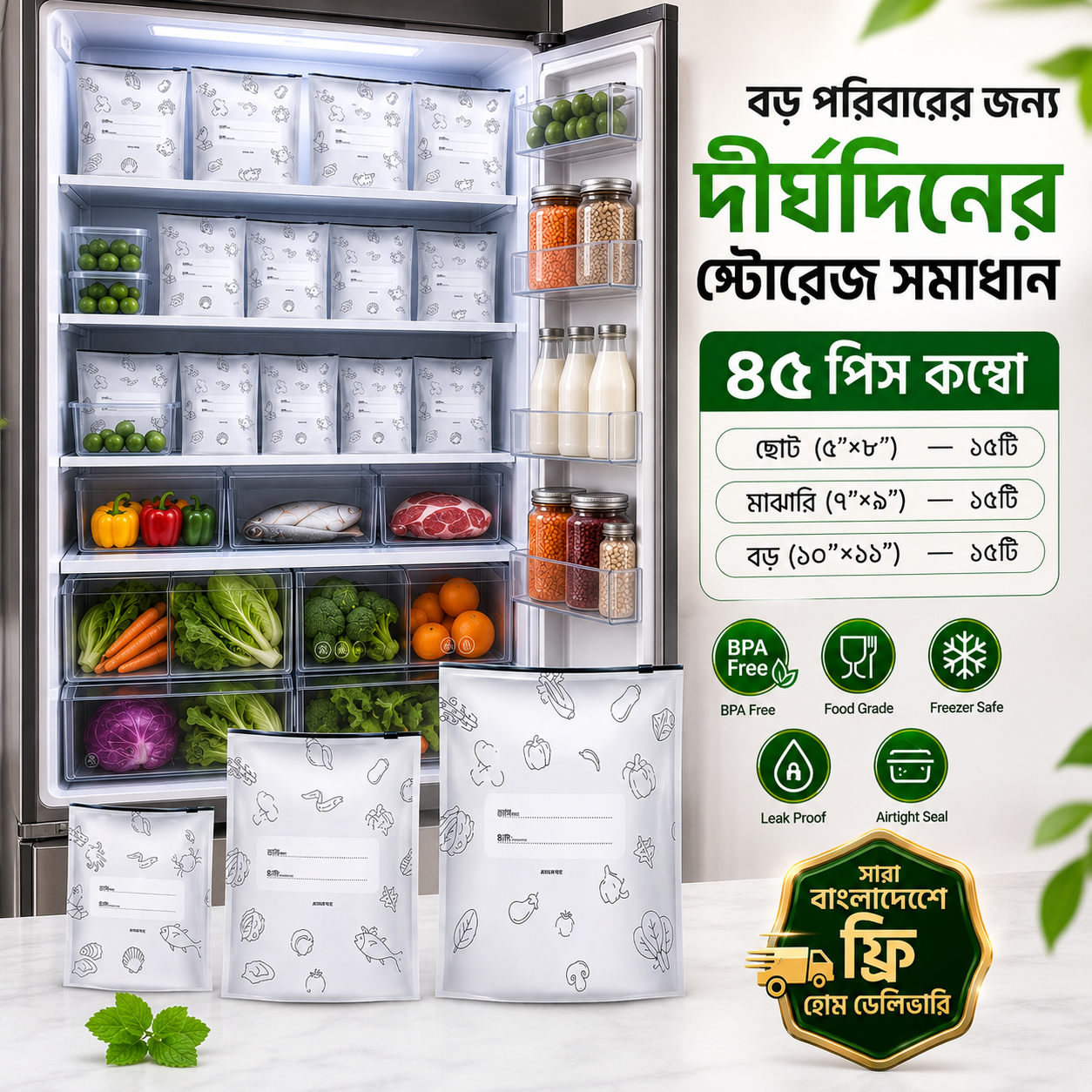 [Combo]৪৫পিস অ্যালুমিনিয়াম ফয়েল জিপলক ব্যাগ (৩ সাইজের ১৫টি করে)