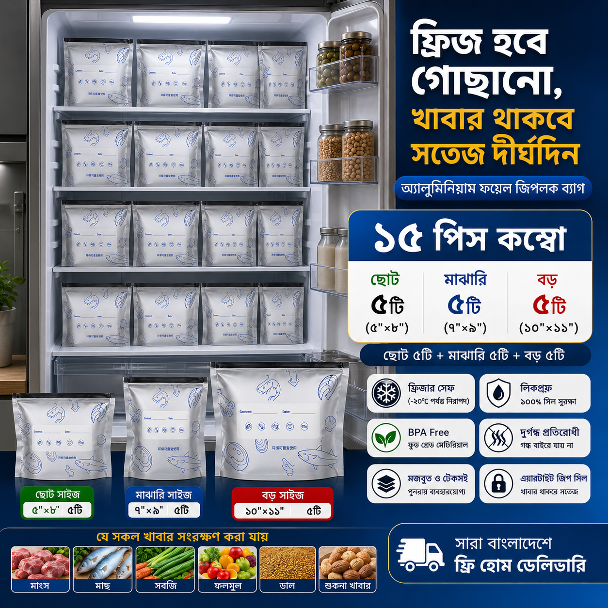 [Combo]১৫পিস অ্যালুমিনিয়াম ফয়েল জিপলক ব্যাগ (৩ সাইজের ৫টি করে)